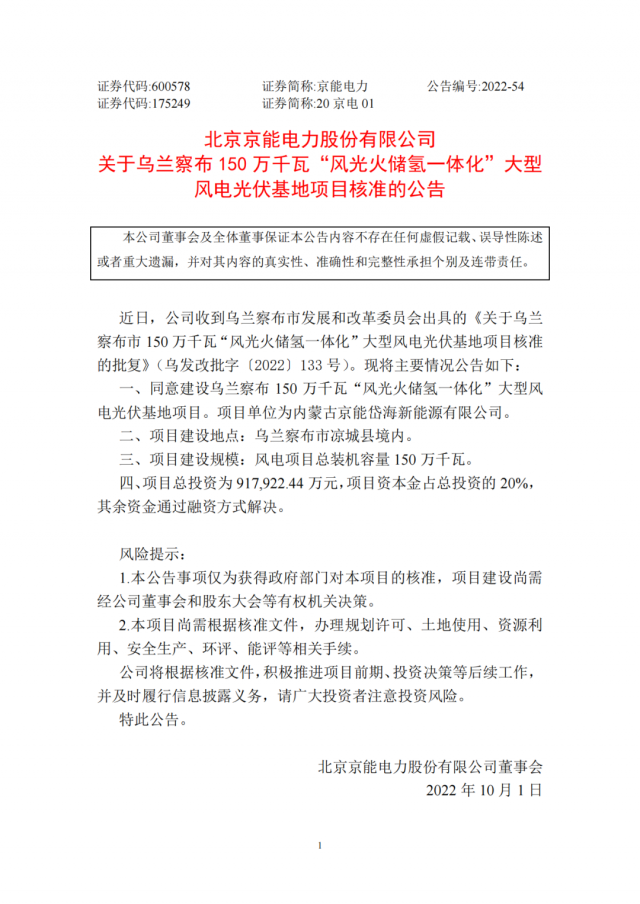 京能電力150萬千瓦“風光火儲氫”基地獲批！