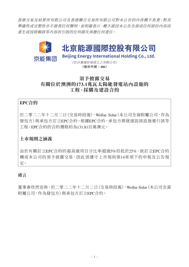 6.17億！北京能源國際簽訂173.1MW光伏EPC合約